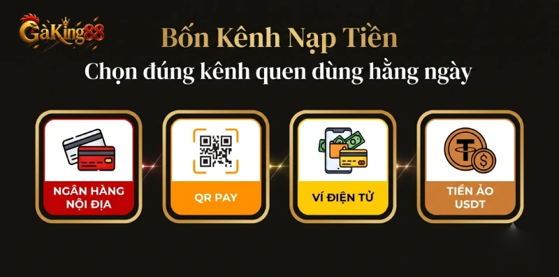 Các phương thức nạp tiền GAKING88 gồm ngân hàng QR Pay ví điện tử USDT